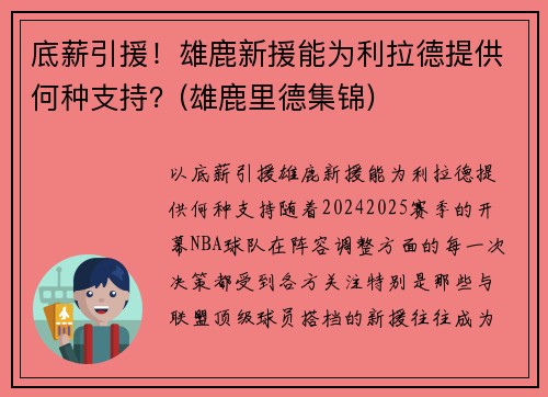 底薪引援！雄鹿新援能为利拉德提供何种支持？(雄鹿里德集锦)